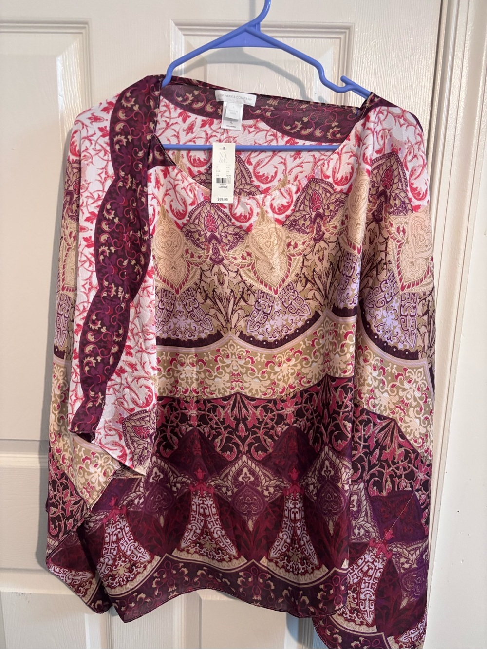 New York & Company Burgundy, Cream and Pink Paisley V-Neck Blouse